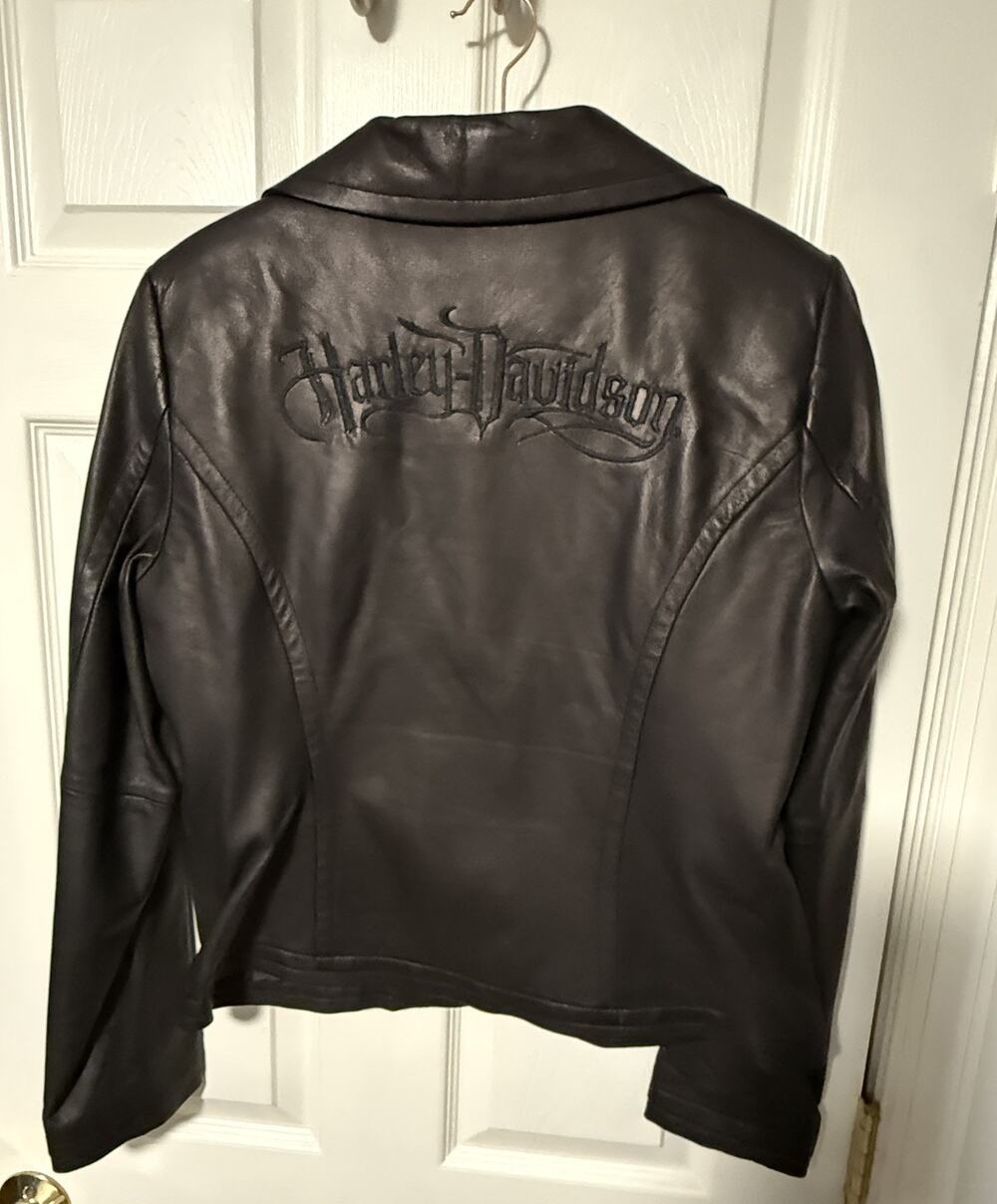 Harley Davidson Women's Low Front Leather Jacket Black Embroidered Size XL